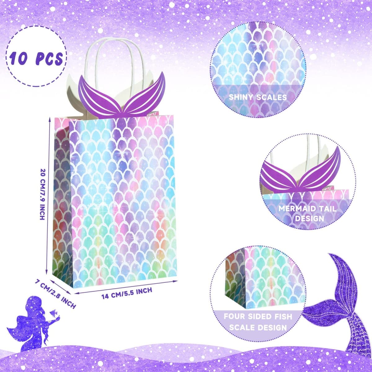 Chinco 10 Pieces Mermaid Gift Bags Party Favors Goodie Candy Treat Bags with Handle Mermaid Party Supplies for Girls Birthday Baby Shower Little Decorations thumbnail 2