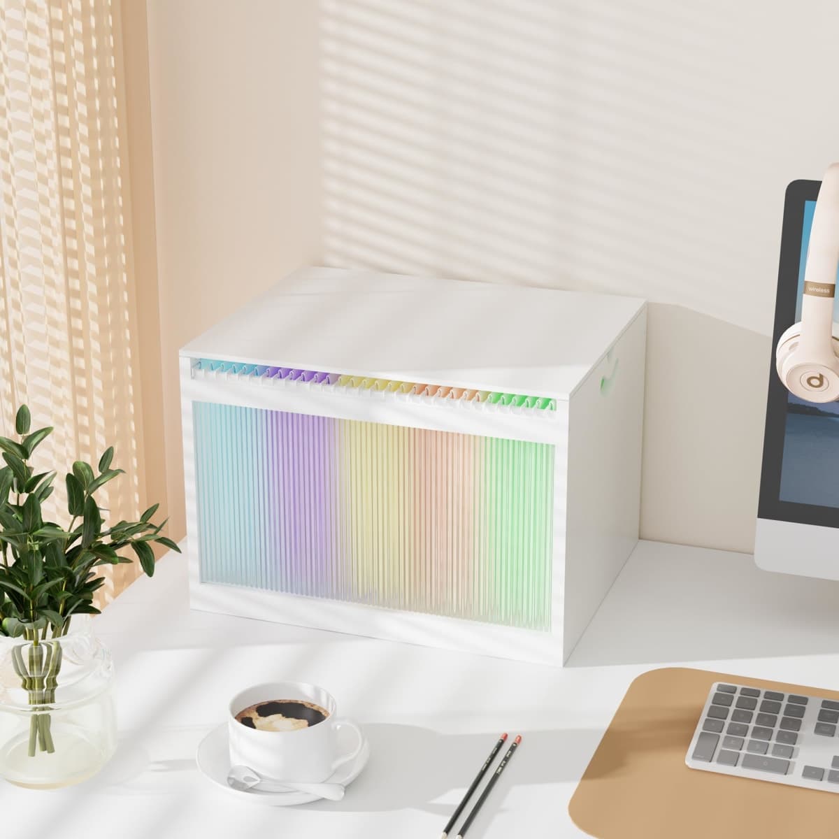 LONTAI White Bamboo Acrylic File Box with Hanging Folders, Letter/Legal Size, Dustproof, Home Office File Organizer — image 1