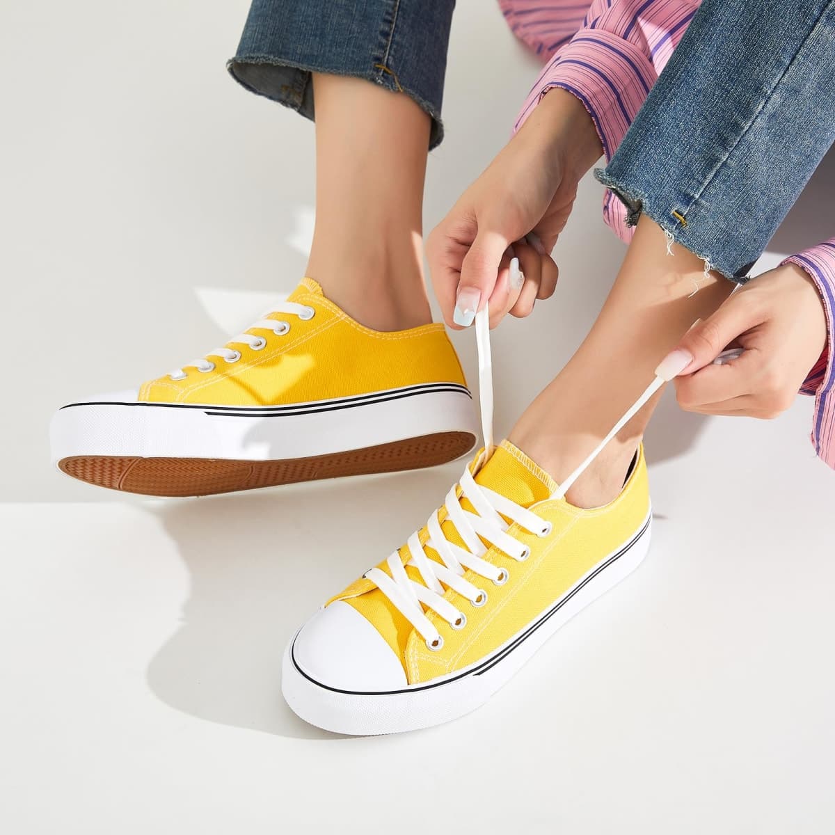 FRACORA - White canvas sneakers for women lace up fashion comfortable, Yellow, 23.0~24.0 cm thumbnail 2