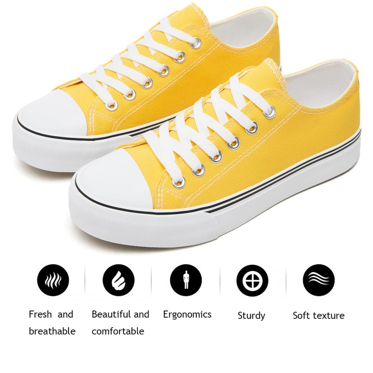 FRACORA - White canvas sneakers for women lace up fashion comfortable, Yellow, 23.0~24.0 cm thumbnail 3