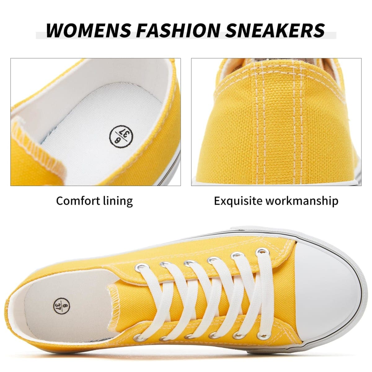 FRACORA - White canvas sneakers for women lace up fashion comfortable, Yellow, 23.0~24.0 cm thumbnail 5