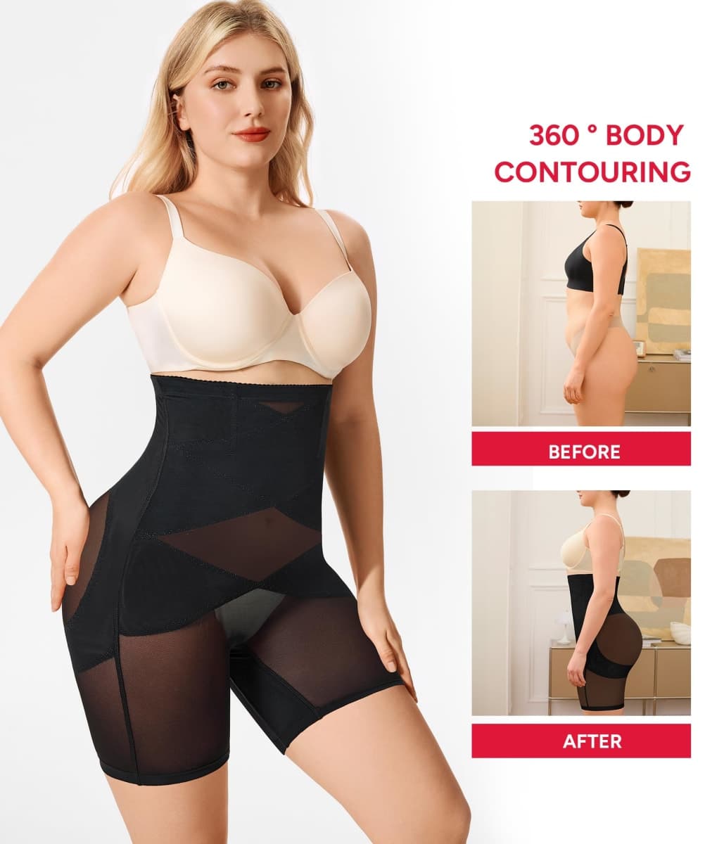 Nebility Womens' Tummy Control High Waist Trainer Body Shaper, Black/Beige - Mid Thigh - 2pk, Medium — image 1