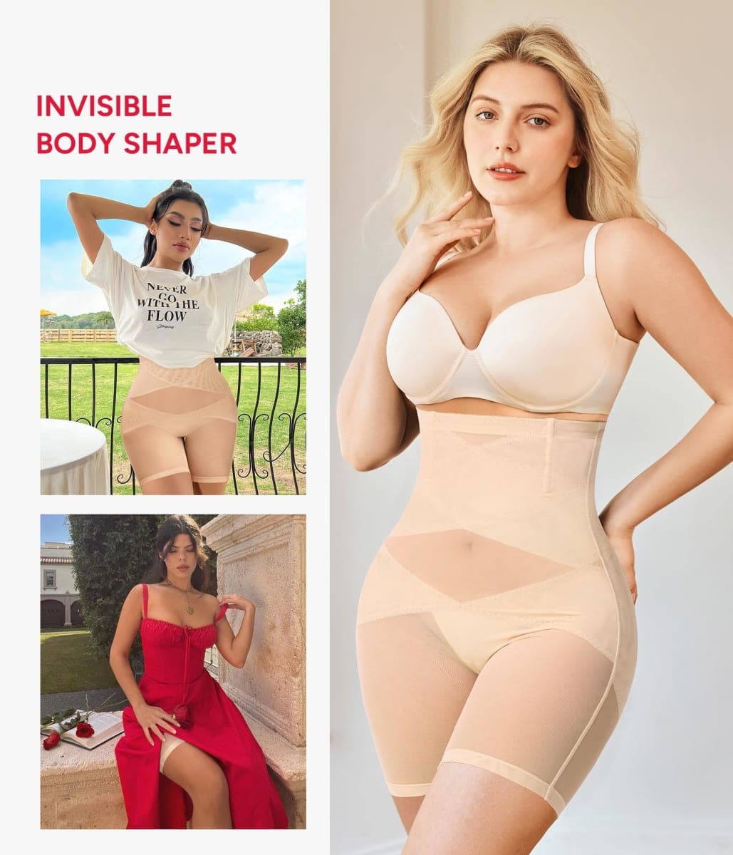 Nebility Womens' Tummy Control High Waist Trainer Body Shaper, Black/Beige - Mid Thigh - 2pk, Medium thumbnail 3