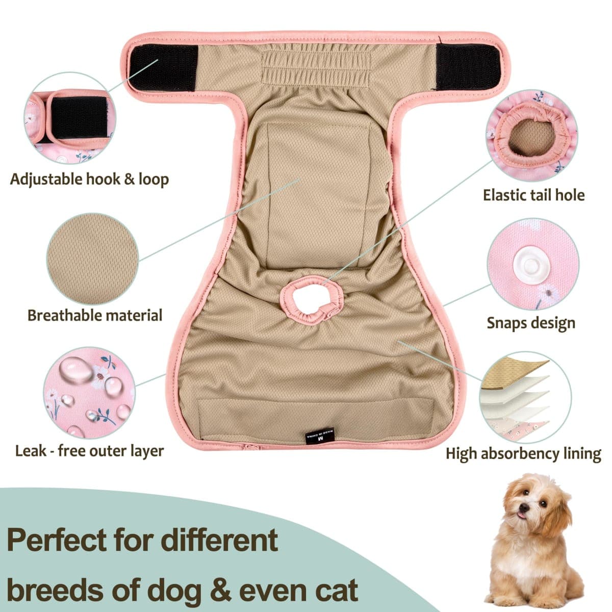 Female Dog Diapers 5Pcs - Premium Reusable Diapers for Doggie in Heat - Highly Absorbent Dog Diapers Female for Pet Incontinence with Adjustable Snaps,Flowers S thumbnail 5