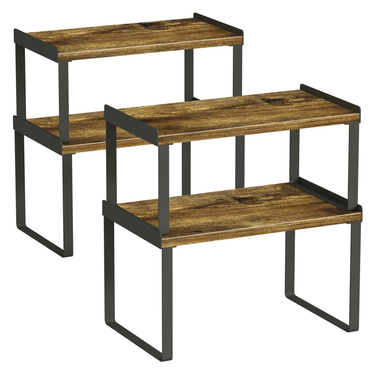 Goozii Kitchen Cabinet Organizer Shelves Set of 4, Expandable Counter Shelf Rack for Plate Dish Cup Mug Spice (Rustic Brown, Black) — image 1
