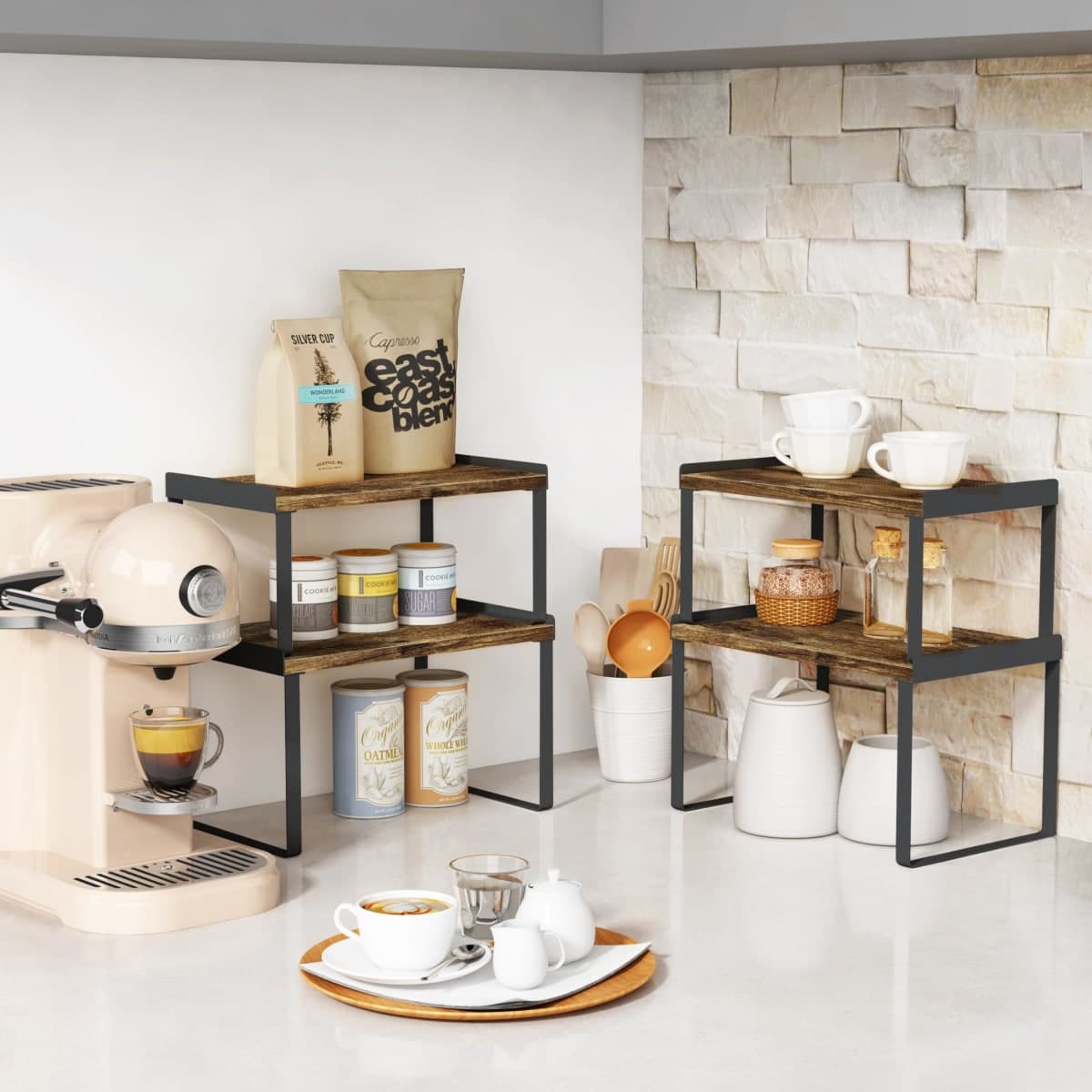 Goozii Kitchen Cabinet Organizer Shelves Set of 4, Expandable Counter Shelf Rack for Plate Dish Cup Mug Spice (Rustic Brown, Black) thumbnail 2