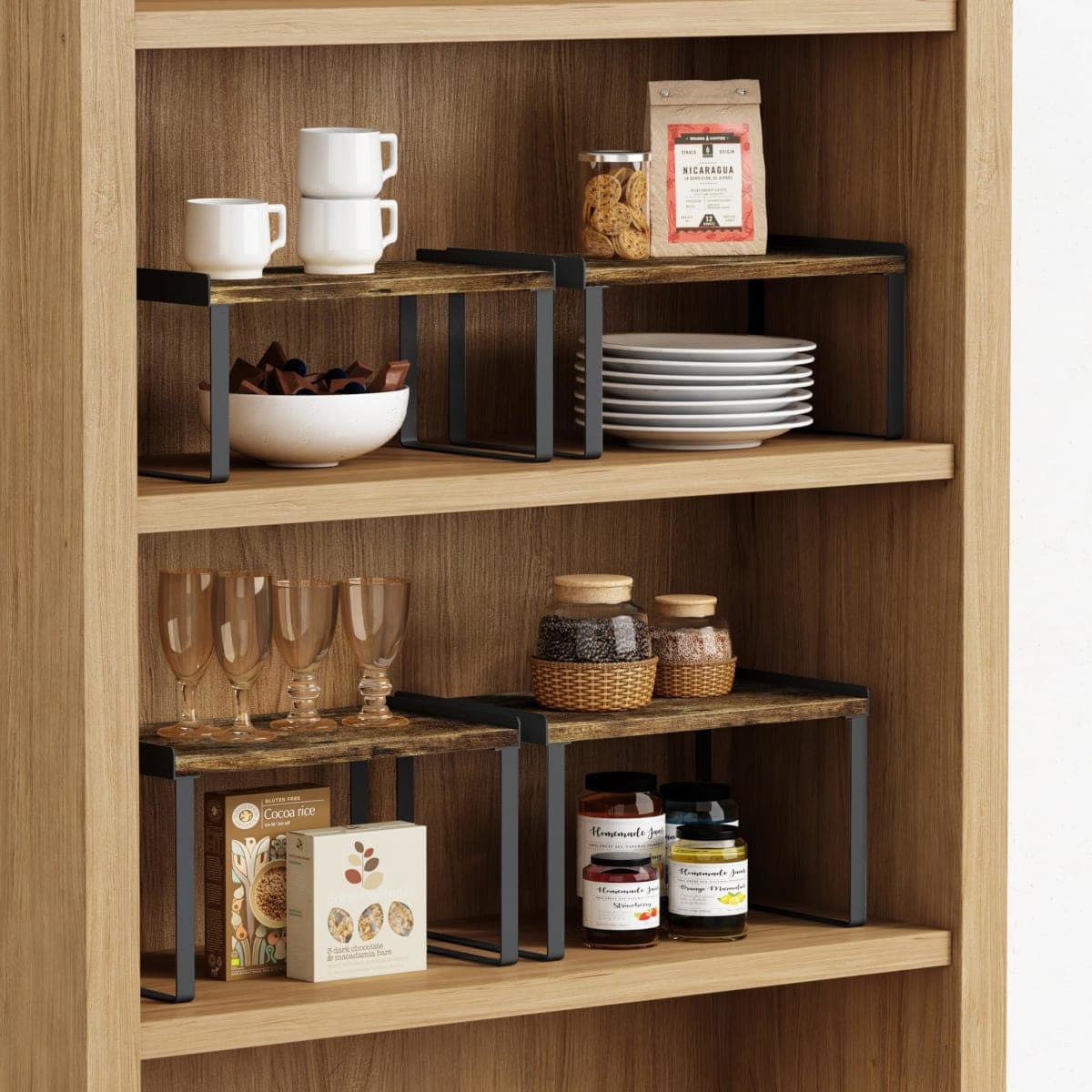 Goozii Kitchen Cabinet Organizer Shelves Set of 4, Expandable Counter Shelf Rack for Plate Dish Cup Mug Spice (Rustic Brown, Black) thumbnail 4