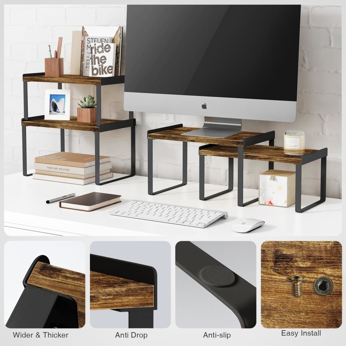 Goozii Kitchen Cabinet Organizer Shelves Set of 4, Expandable Counter Shelf Rack for Plate Dish Cup Mug Spice (Rustic Brown, Black) thumbnail 5