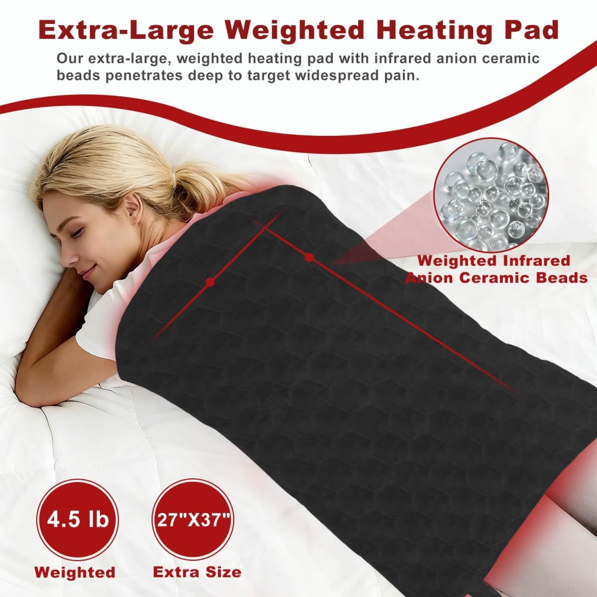 KozyOne XXXL Weighted Premium Heating Pad - Far Infrared & Negative Ion Therapy for Pain Relief in Back, Neck, Shoulders, Knees, 4 Heat Settings, Auto-Off, Machine Washable (27" x 37") thumbnail 2
