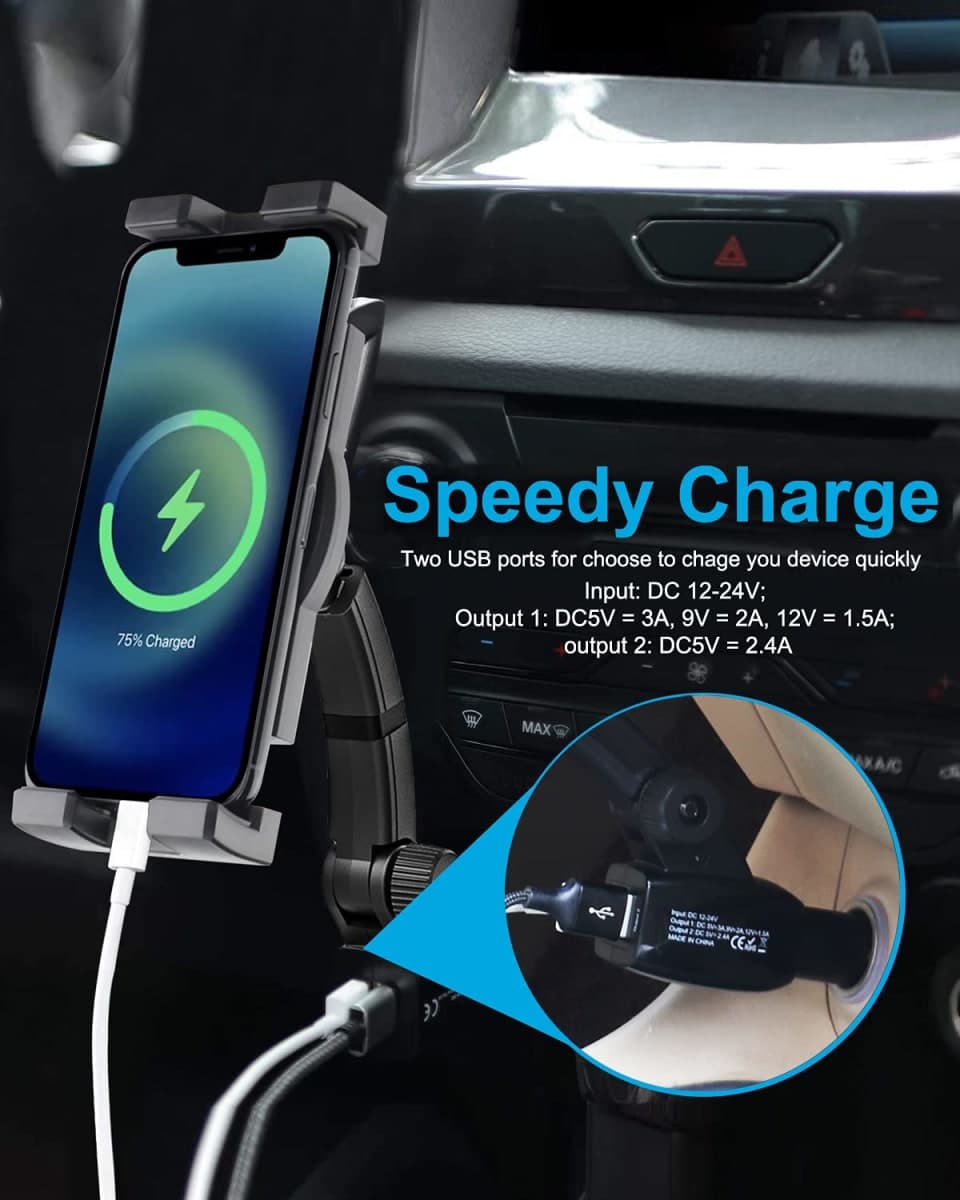 woleyi Cigarette Lighter Car Phone Mount [Dual USB Charger] Fast Charging Cig Lighter Cell Phone Holder, Phone Holders for Your Car for iPhone Air 17 Pro Max, 16 15 14 13 12 Plus, S25, All Smartphones thumbnail 5
