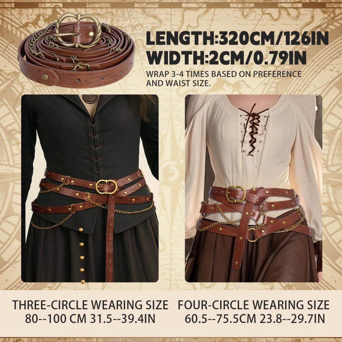 Medieval DIY Pirate Belt, Metal Chain Adjustable Leather, Retro Renaissance Belts for Women Dresses (Brown, A) thumbnail 4