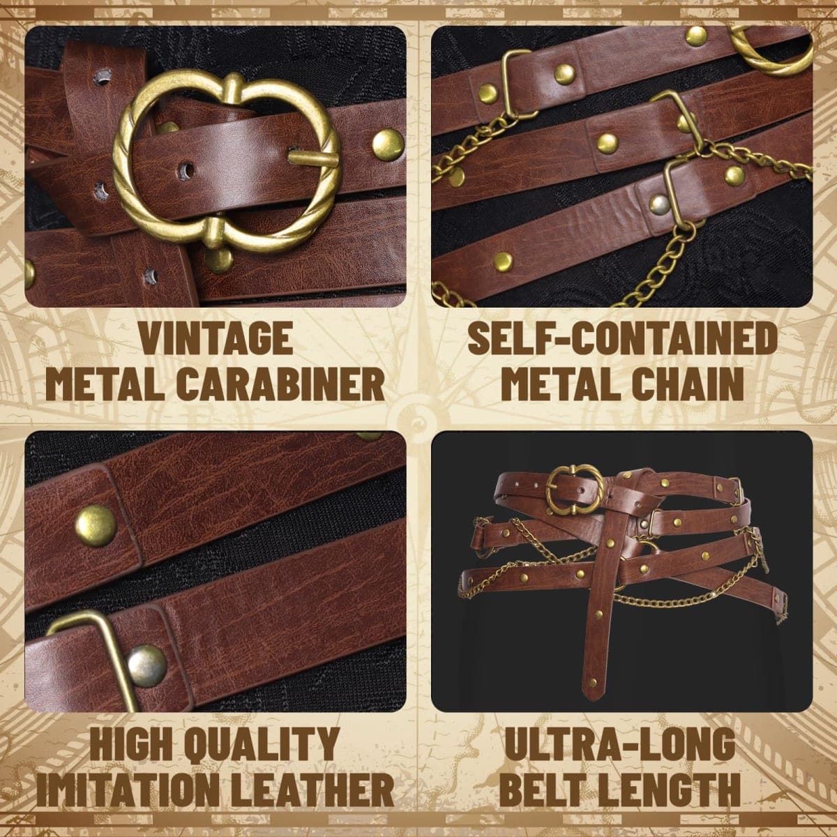 Medieval DIY Pirate Belt, Metal Chain Adjustable Leather, Retro Renaissance Belts for Women Dresses (Brown, A) thumbnail 5