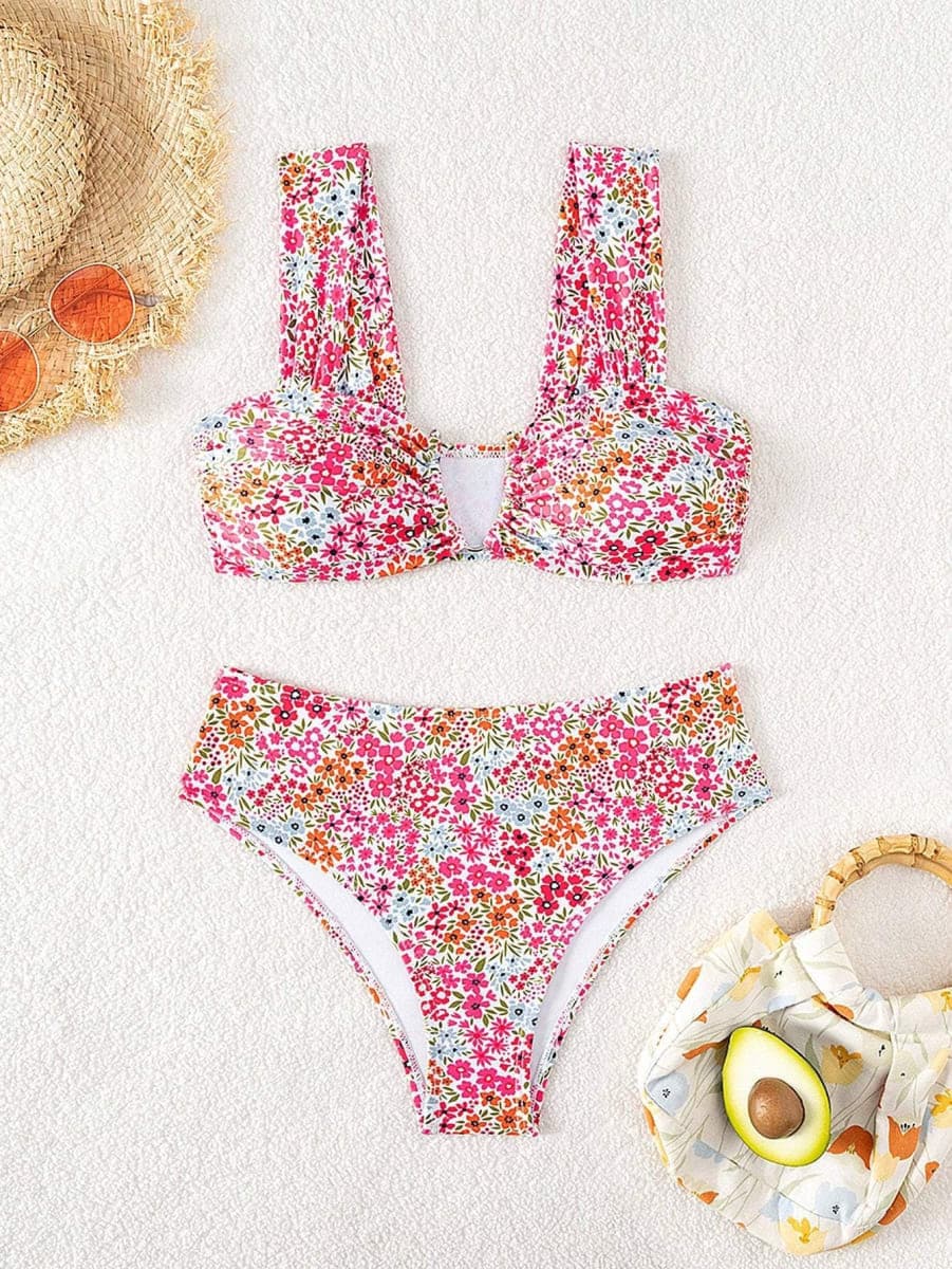 Fanuerg Women's High Waisted Bikini Sets Ditsy Floral Printed Two Piece Swimsuit Adjustable Strap Bathing Suit, Pink Floral, Medium thumbnail 4