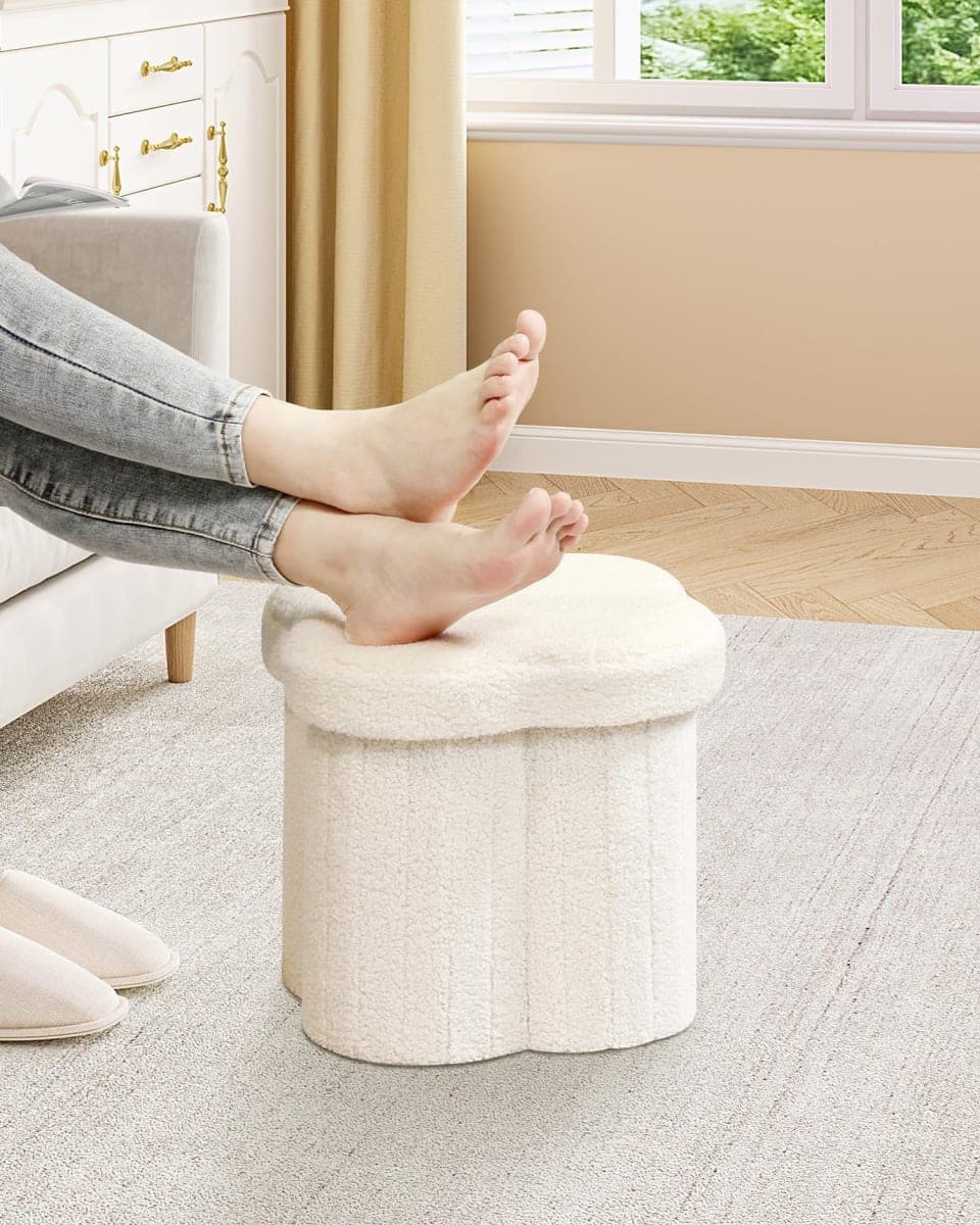 B FSOBEIIALEO Storage Ottoman Cube, Flowers Shaped Ottomans with Storage Foot Stool Footrest for Lving Room, Boucle Ottoman Seat for Dorm Room,Faux Teddy Fur,White 12.6"x12.6"x12.6" thumbnail 3
