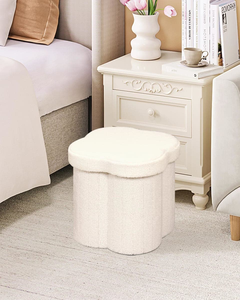 B FSOBEIIALEO Storage Ottoman Cube, Flowers Shaped Ottomans with Storage Foot Stool Footrest for Lving Room, Boucle Ottoman Seat for Dorm Room,Faux Teddy Fur,White 12.6"x12.6"x12.6" thumbnail 4