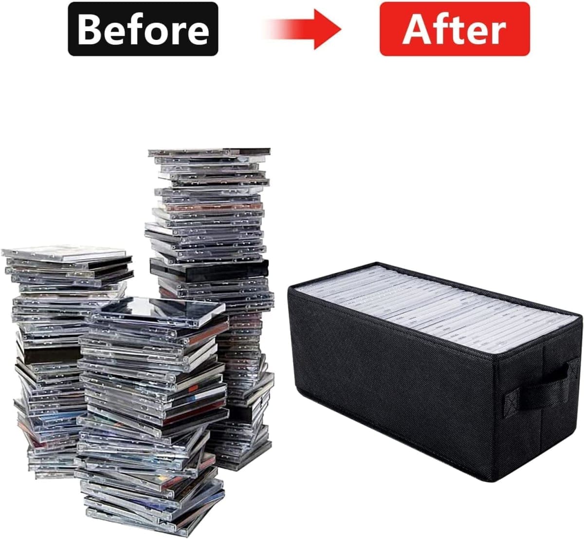 CD Storage Box with Lid,Stackable Storage Box with Handles for Organizer Music Collection -Holds 120 standard jewel cases, 240 slim cases, or 660 sleeves — each with a CD(black, 4pack) thumbnail 3