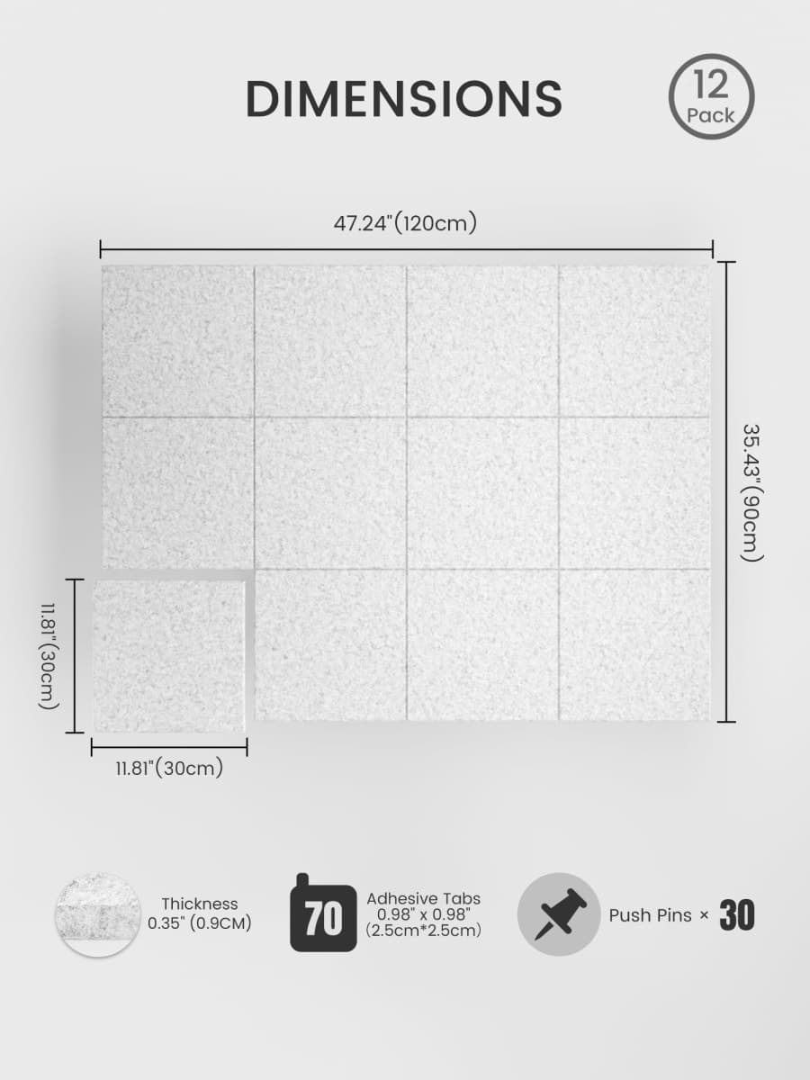 Bumusty Large Felt Bulletin Board, 48" x 36" Cork Board Alternative, 12-Pack Solid Felt Wall Tiles with 30 Push Pins and 70 Adhesive Tabs, Ideal for Office, Home & Classroom, Light Gray thumbnail 2