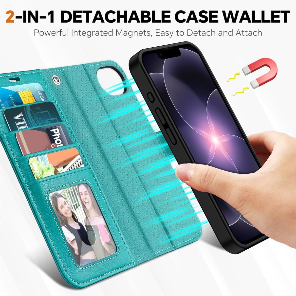 TUCCH Wallet Case for iPhone 17e 2026/16e 6.1" 2025, [Detachable] [2 in 1] Stand [Wrist Strap] RFID Blocking 4 Card Slots Shockproof PU Leather Magnetic Removable Flip Cover for iPhone 17e/16e, Cyan thumbnail 3