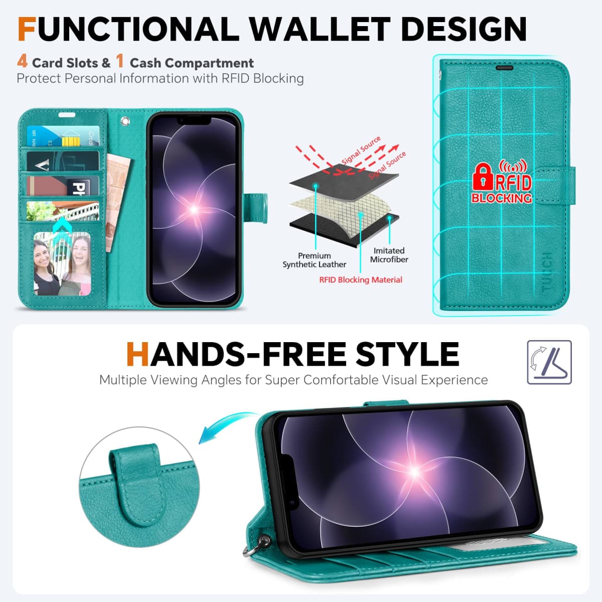 TUCCH Wallet Case for iPhone 17e 2026/16e 6.1" 2025, [Detachable] [2 in 1] Stand [Wrist Strap] RFID Blocking 4 Card Slots Shockproof PU Leather Magnetic Removable Flip Cover for iPhone 17e/16e, Cyan thumbnail 5