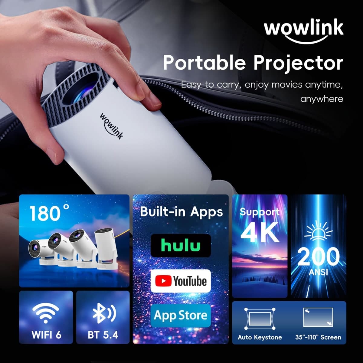 [Built-in Apps & Upgraded 2026] Mini Projector with WiFi 6 and Bluetooth 5.4 Support 4K 1080P Auto Keystone 180° Rotatable Projector Portable Compatible with HDMI/TV Stick/Memory Stick/Laptop thumbnail 2