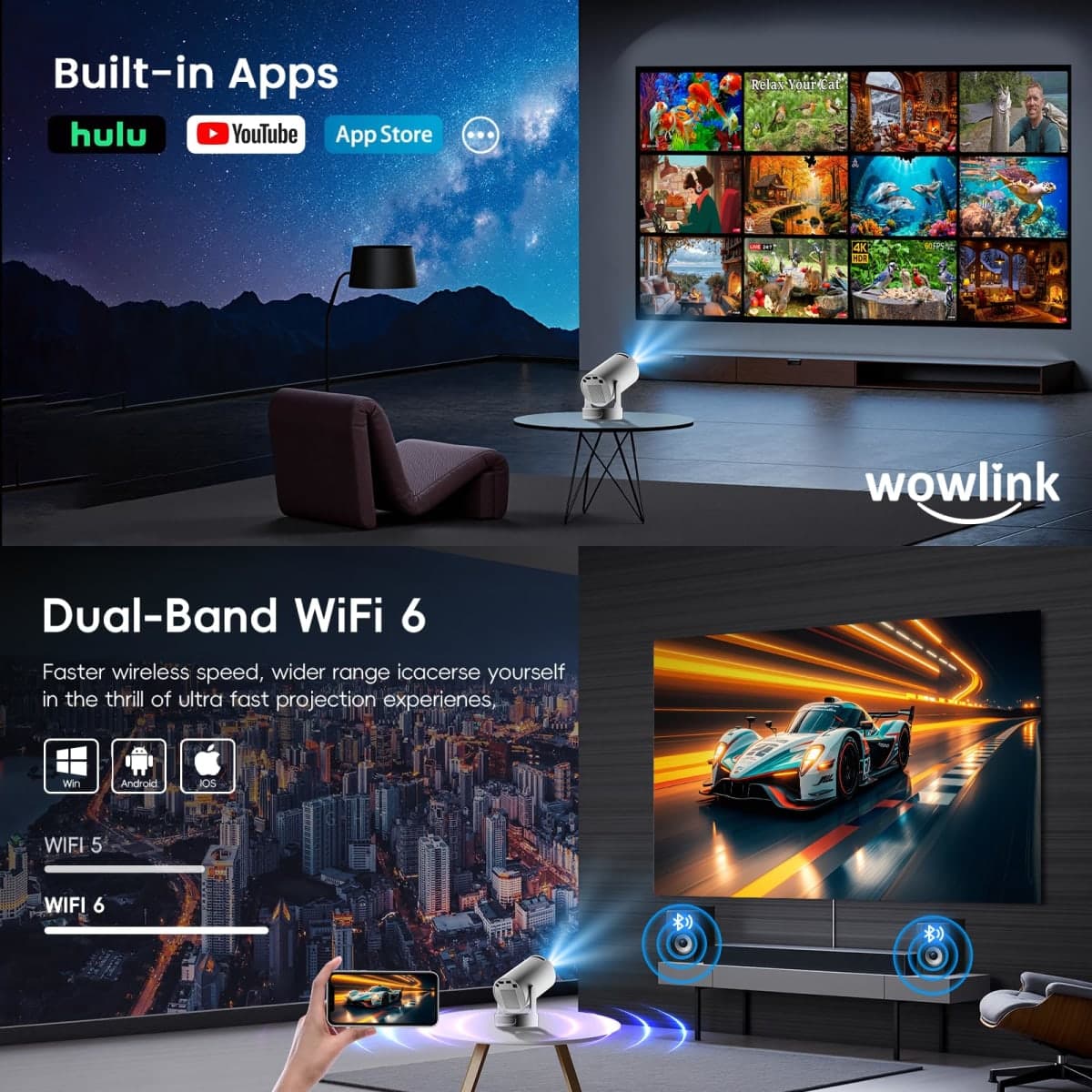 [Built-in Apps & Upgraded 2026] Mini Projector with WiFi 6 and Bluetooth 5.4 Support 4K 1080P Auto Keystone 180° Rotatable Projector Portable Compatible with HDMI/TV Stick/Memory Stick/Laptop thumbnail 3