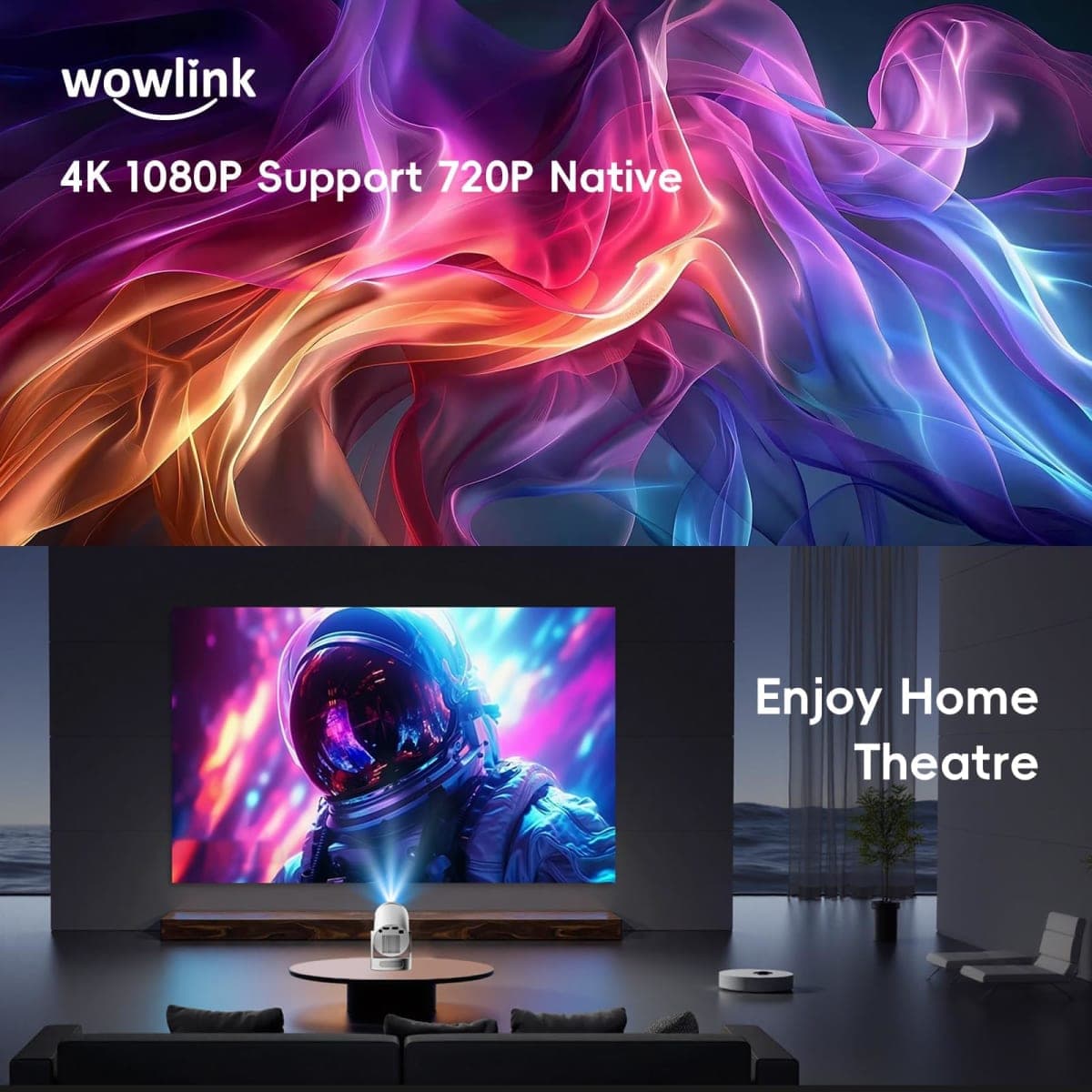 [Built-in Apps & Upgraded 2026] Mini Projector with WiFi 6 and Bluetooth 5.4 Support 4K 1080P Auto Keystone 180° Rotatable Projector Portable Compatible with HDMI/TV Stick/Memory Stick/Laptop thumbnail 4