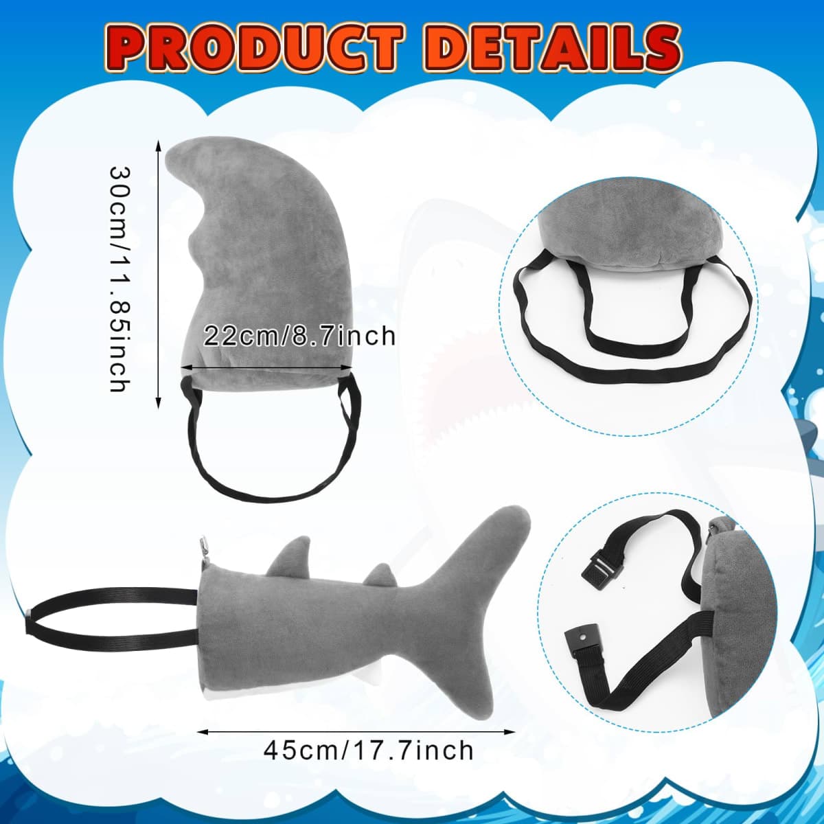 PullCrease 2 Pcs Shark Costume Set Including Plush Shark Fin and Tail for Adult Fun Fish Outfit Accessories for Halloween Animal Cosplay Sea Ocean Birthday Cute Party Supplies (Gray and White) thumbnail 2