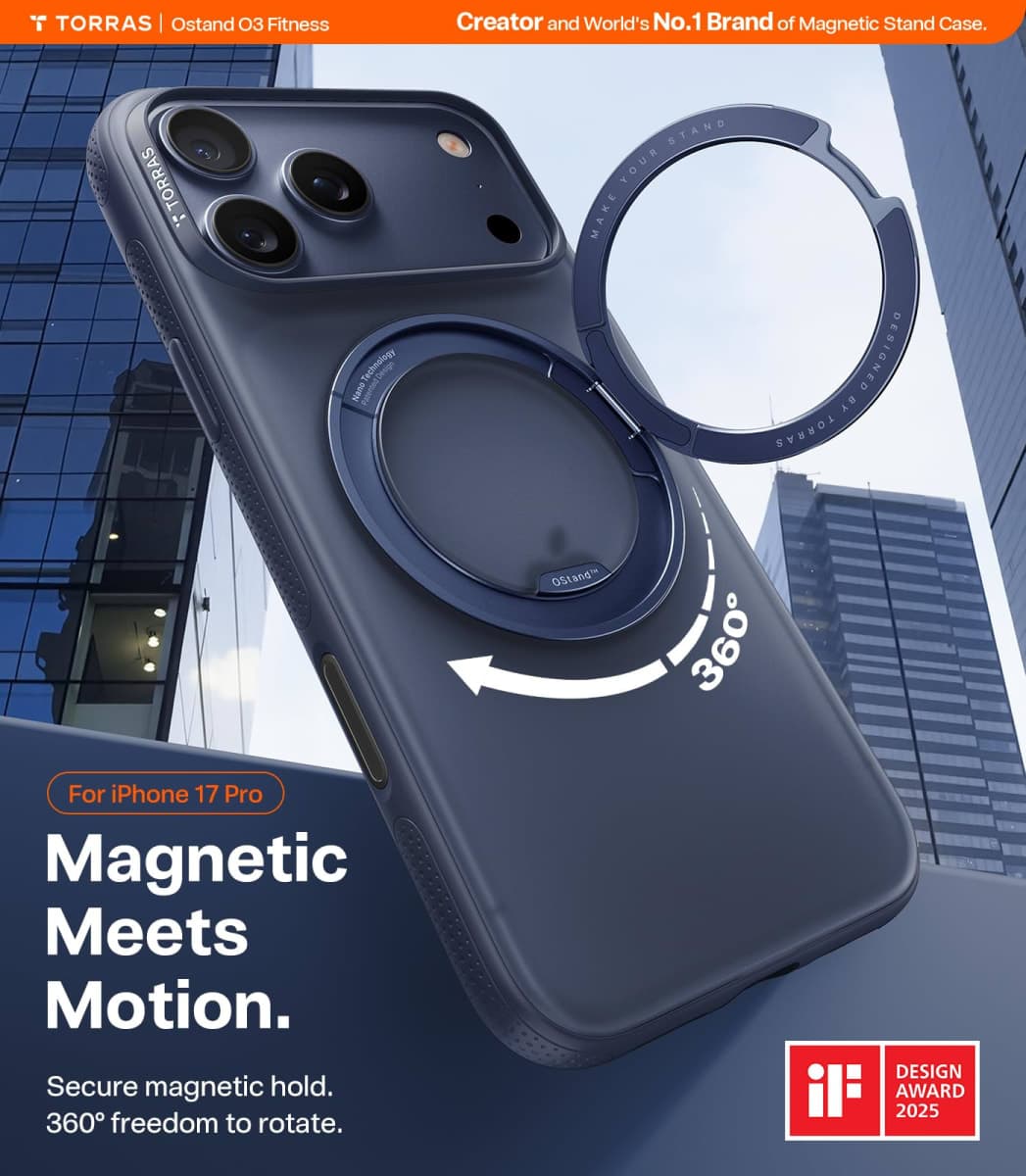 TORRAS 360 Magnetic Stand for iPhone 17 Pro Case, [Fit for MagSafe] [Rotatable Ring Kickstand] [4X Mil-Grade Shockproof] Slim Translucent Phone Cover, Camera Button, Deep Blue, Ostand O3 Fitness thumbnail 2