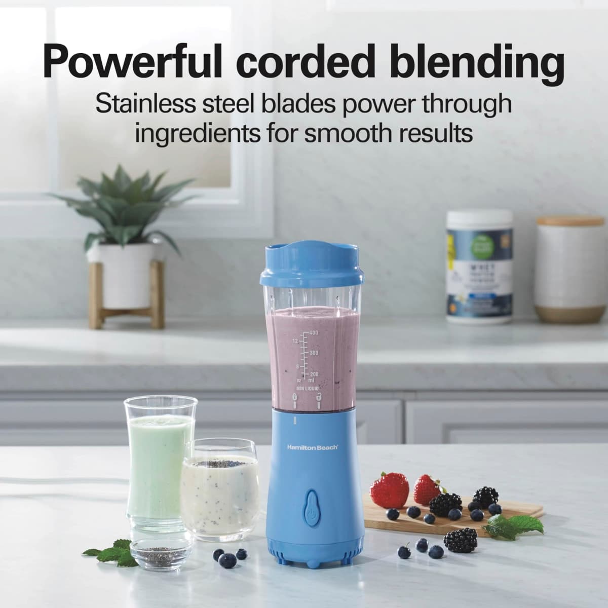 Hamilton Beach Personal Blender for Smoothies & Protein Shakes, Portable Single Serve Blender with Travel Lid, 14 oz BPA-Free Jar, 175W, Compact Countertop Blender, Tranquil Blue, 51172 thumbnail 3