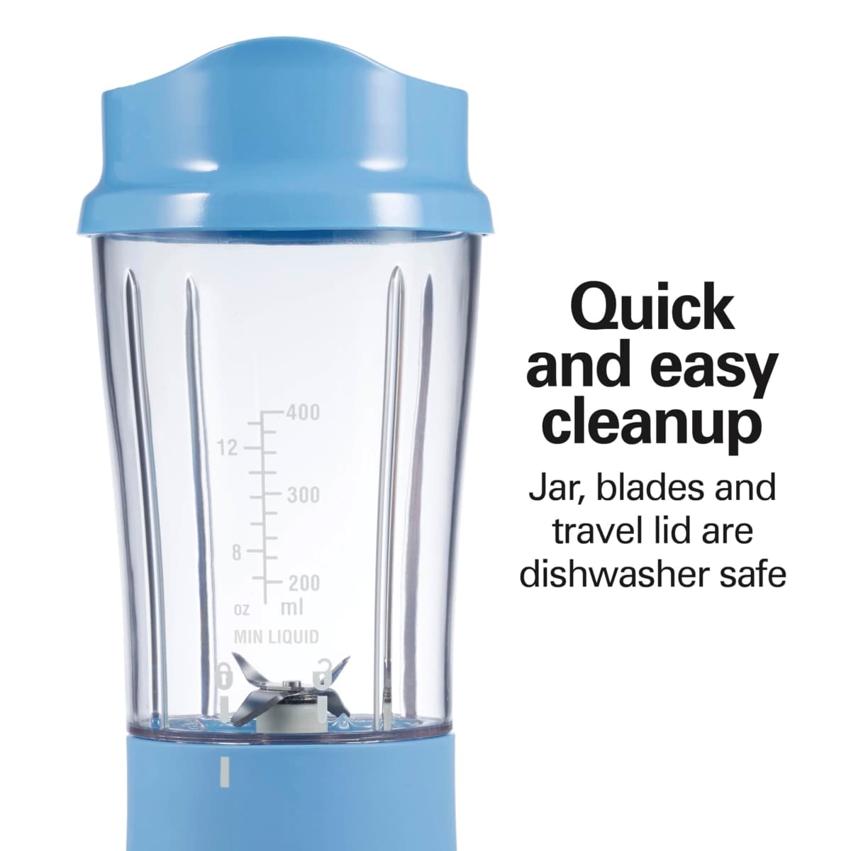 Hamilton Beach Personal Blender for Smoothies & Protein Shakes, Portable Single Serve Blender with Travel Lid, 14 oz BPA-Free Jar, 175W, Compact Countertop Blender, Tranquil Blue, 51172 thumbnail 4