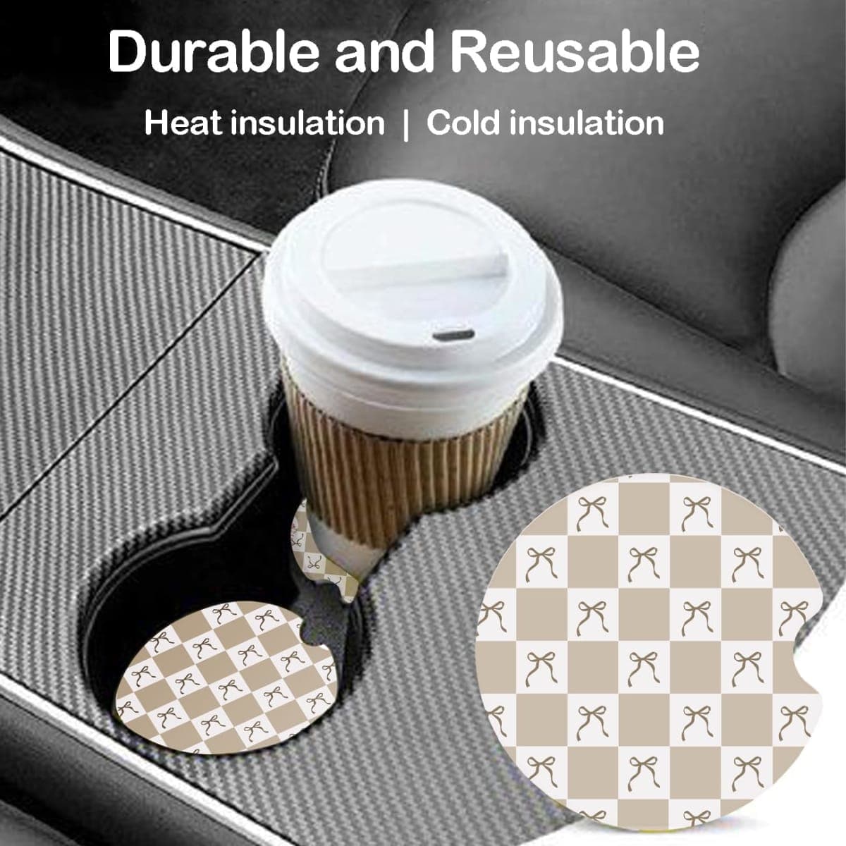 Ceramic Car Coasters – Absorbent Car Cup Holder Coaster Set for Women, Cute Aesthetic Car Accessories for Girls, 2 Pack (Black) thumbnail 4