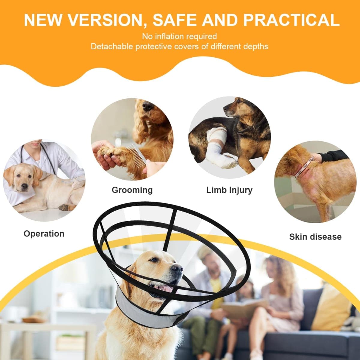 Sponge Core Dog Cone Waterproof Design, Inflatable Dog Cone Collar Alternative, Dogs Donut Collar After Surgery with 2 Outerwear, Soft Cone for Large Medium Small Dogs and Cats (Grey+Yellow, M) thumbnail 2