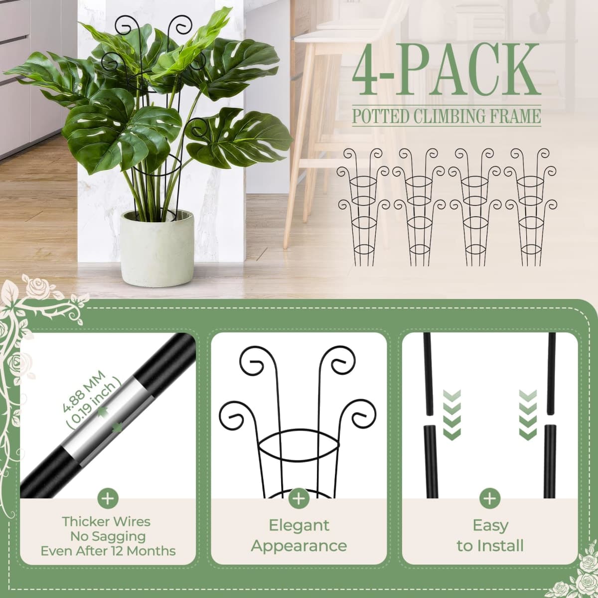 QIAOKAIYAN Mini Garden Trellis for Potted Plants, Black Metal Semicircular Climbing Plant Support, 4 Pack thumbnail 3