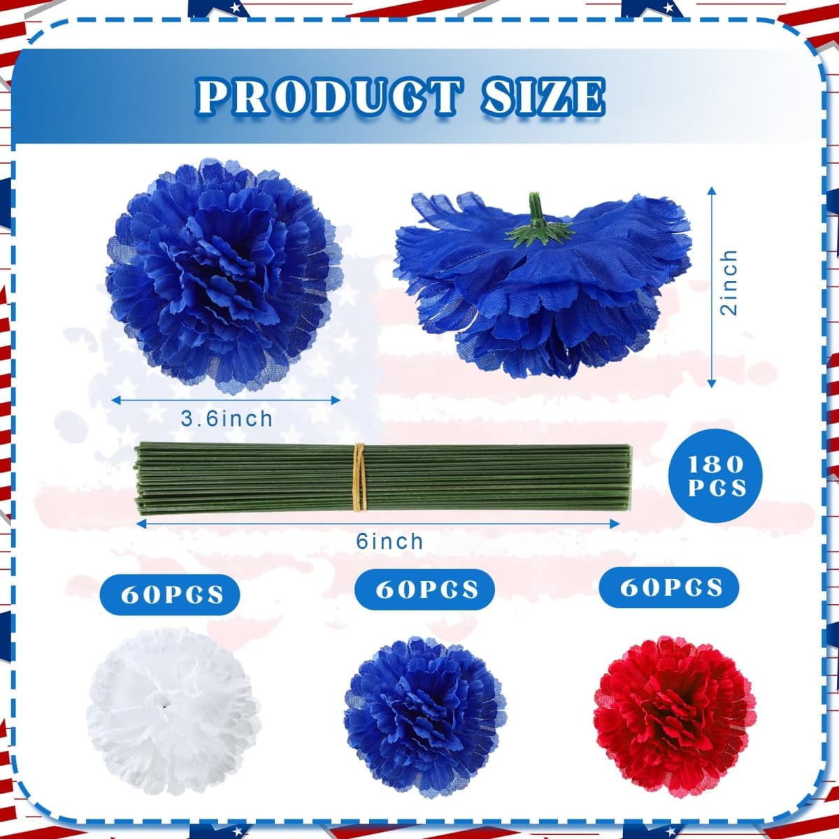 Thiccywoov 180 Pcs Memorial Day Silk Carnation Flower Carnations Artificial Flowers with 6 Inch Stem Red Blue White Fake Carnations 3 Inch Diameter for Cemetery Wreaths DIY Crafts Wedding Decoration thumbnail 2