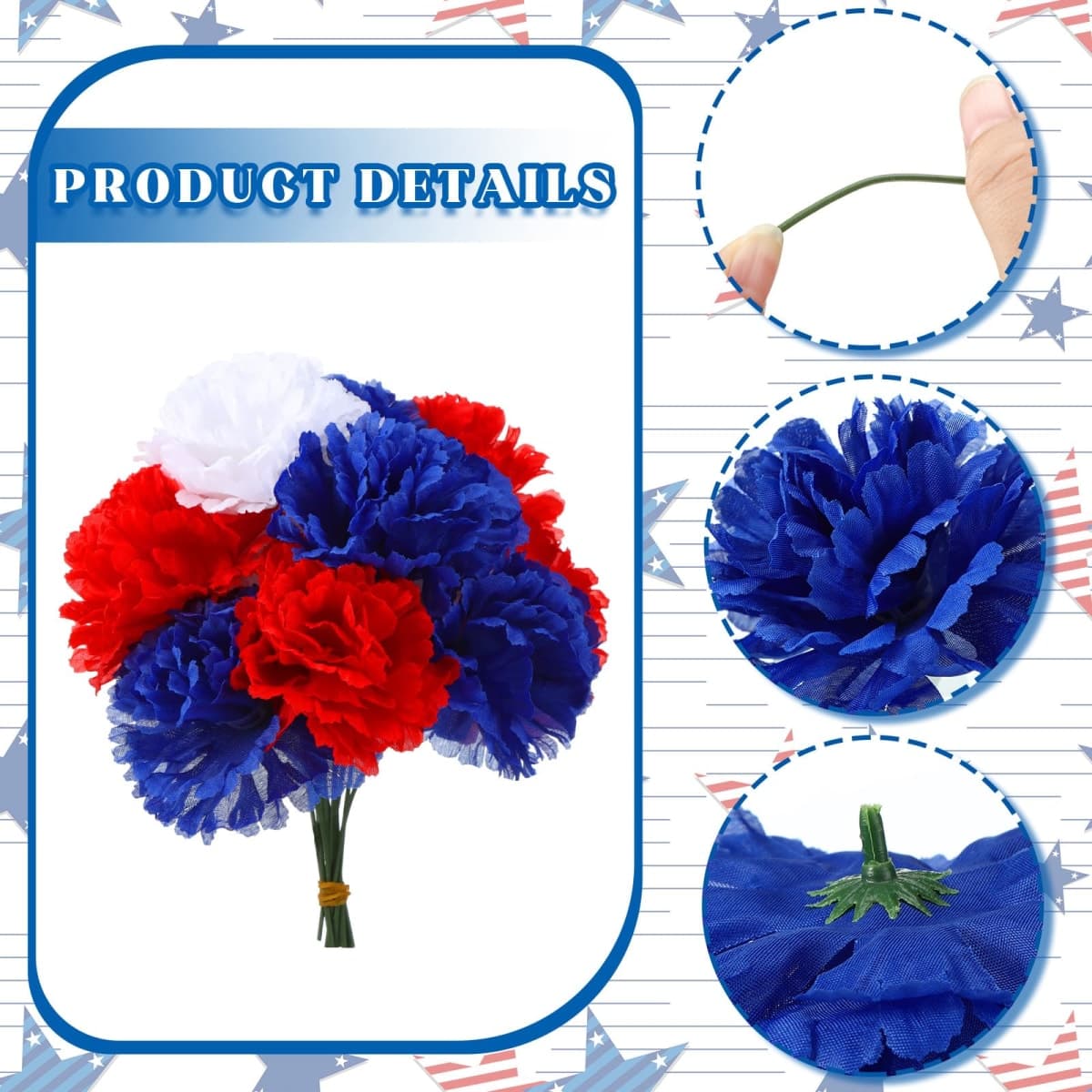 Thiccywoov 180 Pcs Memorial Day Silk Carnation Flower Carnations Artificial Flowers with 6 Inch Stem Red Blue White Fake Carnations 3 Inch Diameter for Cemetery Wreaths DIY Crafts Wedding Decoration thumbnail 3