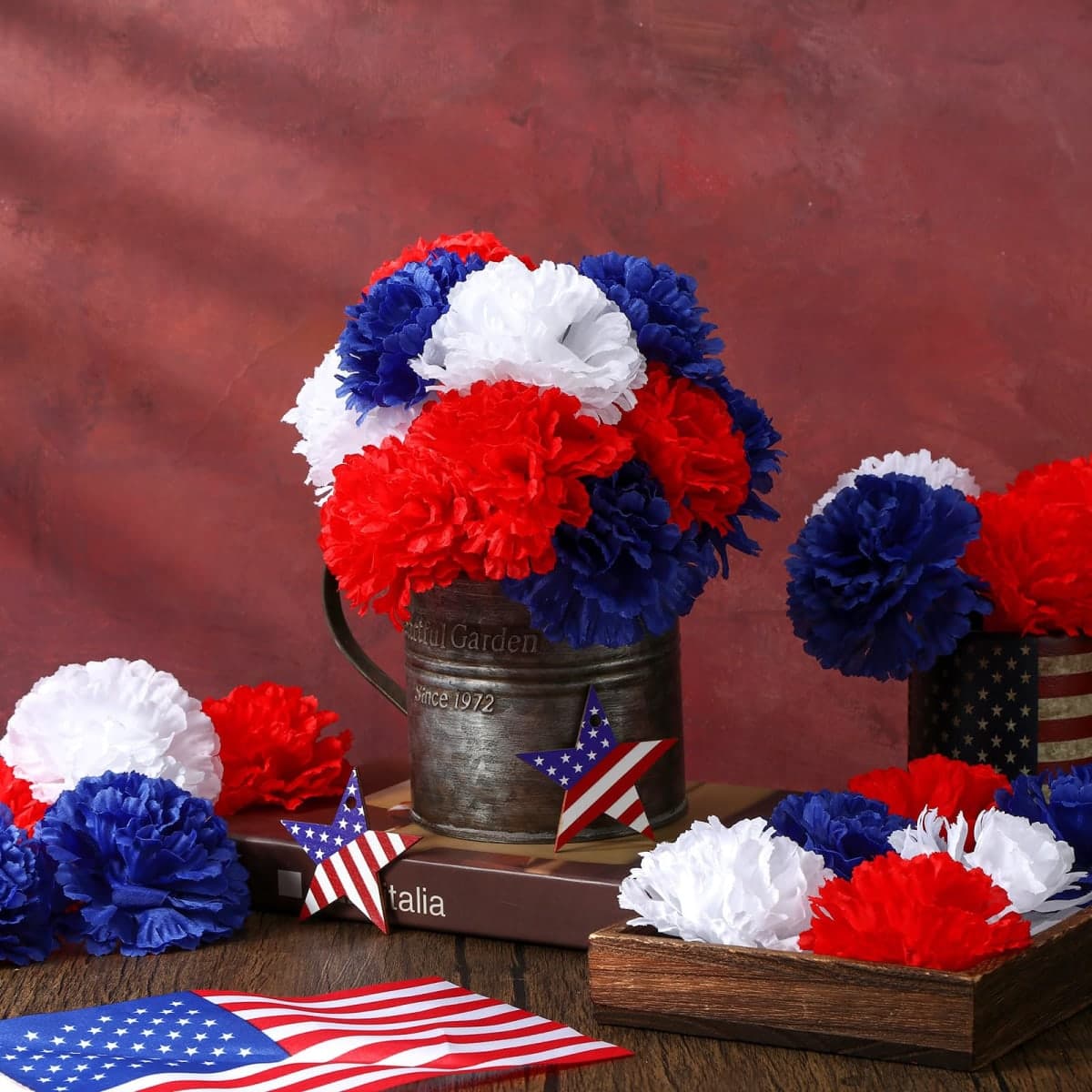 Thiccywoov 180 Pcs Memorial Day Silk Carnation Flower Carnations Artificial Flowers with 6 Inch Stem Red Blue White Fake Carnations 3 Inch Diameter for Cemetery Wreaths DIY Crafts Wedding Decoration thumbnail 4