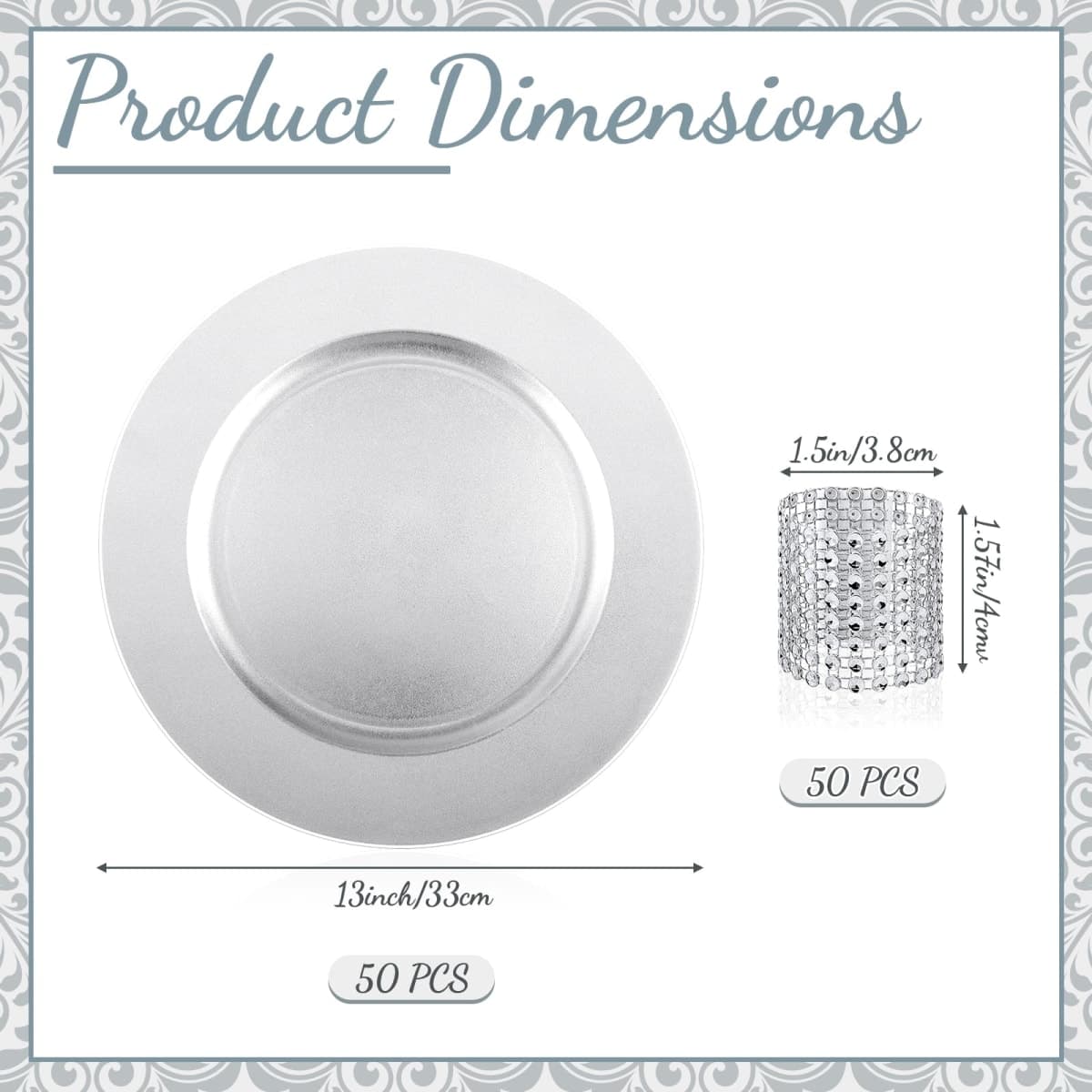Tanlade 100 Pcs Charger Plates Set Bulk Include 50 Plastic Plate Chargers and 50 Napkin Rings 13" Round for Dinner Table Setting Wedding Baby Shower Decoration(Silver) thumbnail 2