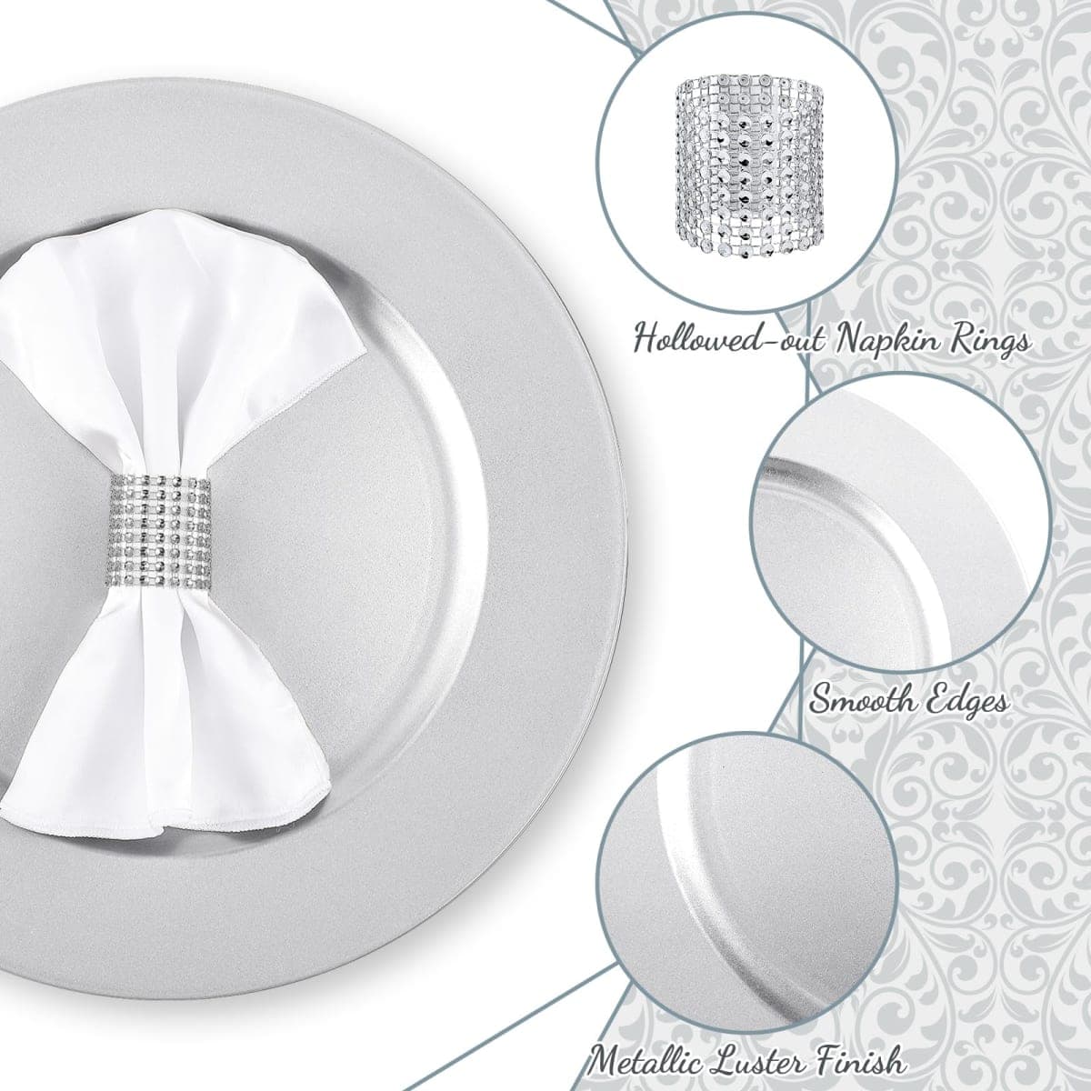 Tanlade 100 Pcs Charger Plates Set Bulk Include 50 Plastic Plate Chargers and 50 Napkin Rings 13" Round for Dinner Table Setting Wedding Baby Shower Decoration(Silver) thumbnail 3