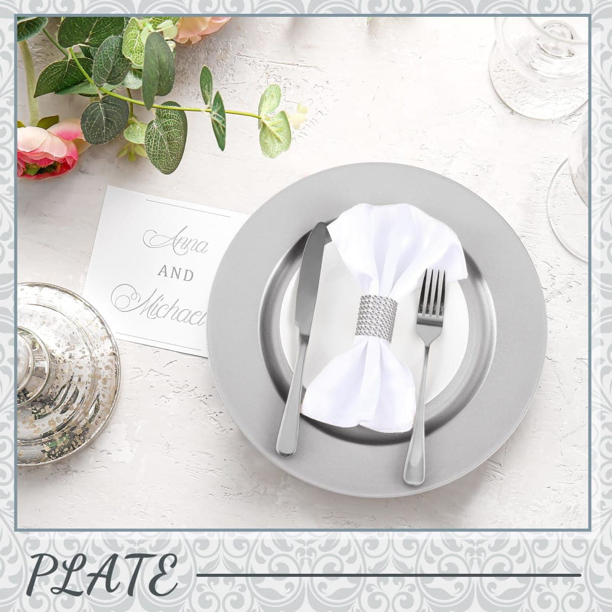 Tanlade 100 Pcs Charger Plates Set Bulk Include 50 Plastic Plate Chargers and 50 Napkin Rings 13" Round for Dinner Table Setting Wedding Baby Shower Decoration(Silver) thumbnail 4