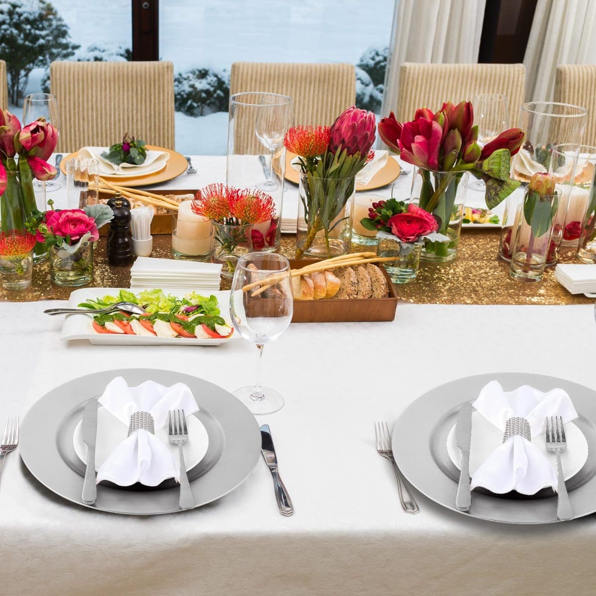 Tanlade 100 Pcs Charger Plates Set Bulk Include 50 Plastic Plate Chargers and 50 Napkin Rings 13" Round for Dinner Table Setting Wedding Baby Shower Decoration(Silver) thumbnail 5