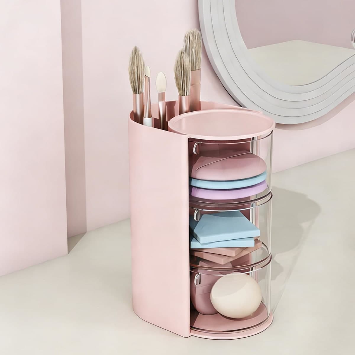 Goujfol Hair Accessories Organizer, 3 Layer Hair Tool Organizer with Brush Holder, Rotatable Makeup Storage Organizers for Girls, Storage Box for Clip, Rings (Pink) thumbnail 5