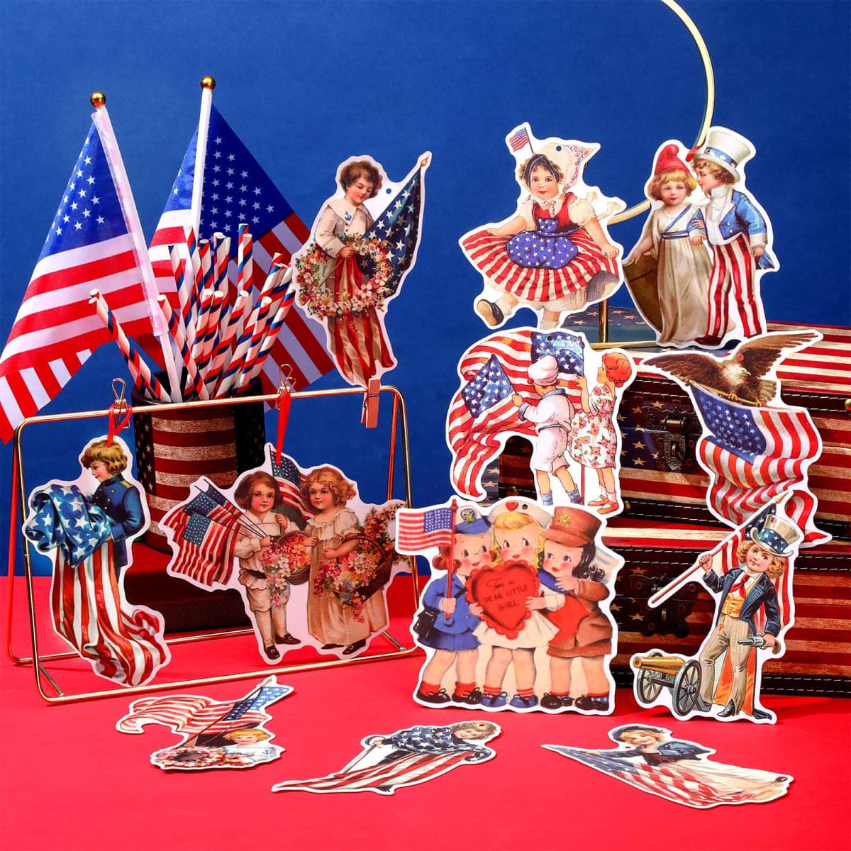 Fuutreo 48 Pcs Vintage 4th of July Hanging Ornaments Retro Independence Day Tree Ornaments Patriotic Cut Out Decorations for Classroom Home Tree Window Wall Dependence Day Party Favors thumbnail 3