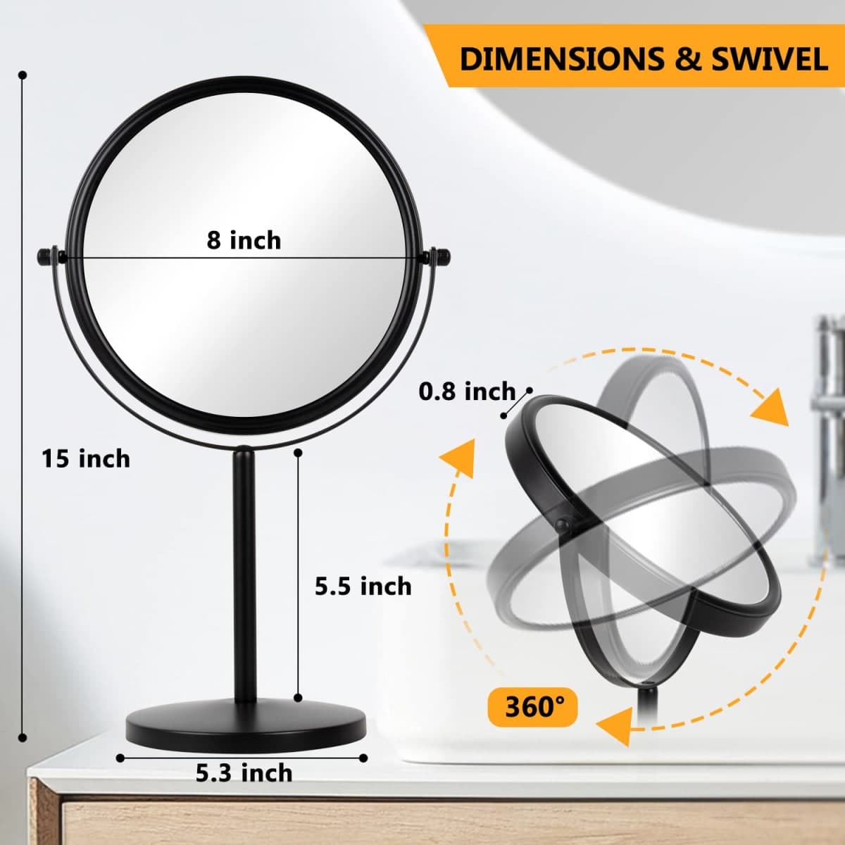 10x Magnifying Makeup Mirror, 8 Inch Tabletop Mirror Double Sided with Magnification, Swivel Make Up Mirror for Bathroom, Black ALHAKIN thumbnail 3
