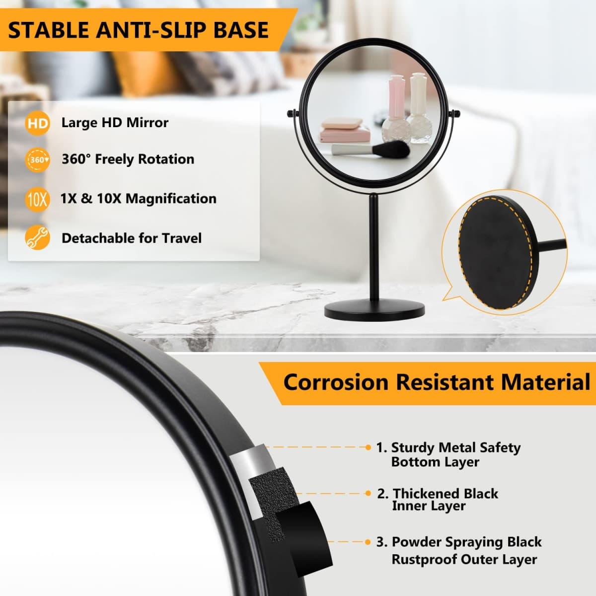 10x Magnifying Makeup Mirror, 8 Inch Tabletop Mirror Double Sided with Magnification, Swivel Make Up Mirror for Bathroom, Black ALHAKIN thumbnail 4
