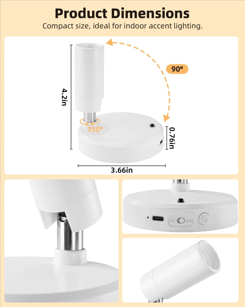 EZVALO Spot Lights Indoor,5500mAh Rechargeable Plant Spotlights with Remote,Wireless Mini Art Accent Spot Lights with Timer&Dimmable, 3CCT, Uplights Indoor for Plants, Display, Artwork (2 Pack-White) thumbnail 5