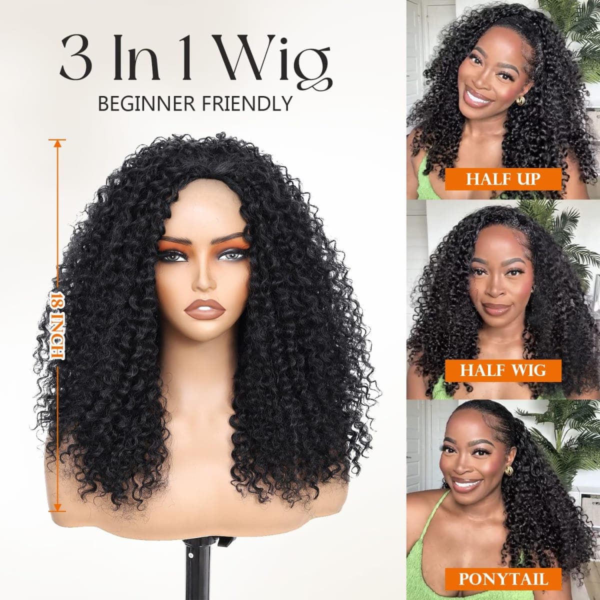 HUA Kinky Curly Half Wig for Black Women 180% Density 3 In 1 Seamless Flip Over Burmese Curly Half Wigs Protein Synthetic Hair Boast A Human Hair Like Touch 18 Inch Wear and Go Glueless Wigs Daily Use thumbnail 2