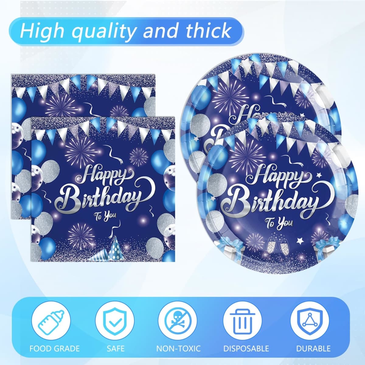 41Pcs Blue Birthday Decorations,Happy Birthday Party Tableware Set Navy Blue Silver Happy Birthday Paper Plates Napkins Tablecloth丨Birthday Decorations for Men Boys,Serve 20 thumbnail 3
