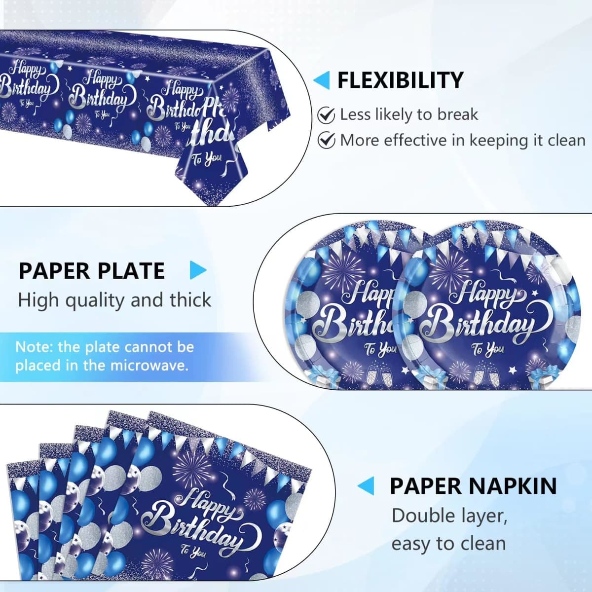 41Pcs Blue Birthday Decorations,Happy Birthday Party Tableware Set Navy Blue Silver Happy Birthday Paper Plates Napkins Tablecloth丨Birthday Decorations for Men Boys,Serve 20 thumbnail 4