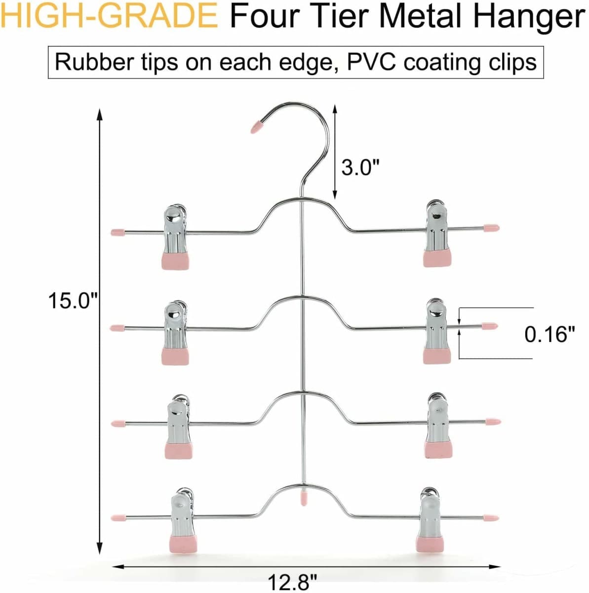TOPIA HANGER 4 Tier Metal Skirt Hangers for Women, Pants Hanger Space Saving with Adjustable Clips, Gain 70% More Space, Non Slip Grip for Slacks, Trousers, Shorts, Jeans, Towels, Pink, 3-Pack, CT24P thumbnail 5