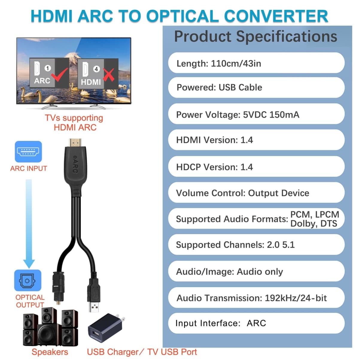 192KHz HDMI ARC to Optical Audio Converter for TV to Soundbar, Plug & Play 3.4ft/1.05m ARC to Optical Cable Audio Extractor Adapter Splitter for Sound System Speaker Home Theater Support Dolby/DTS 5.1 thumbnail 3